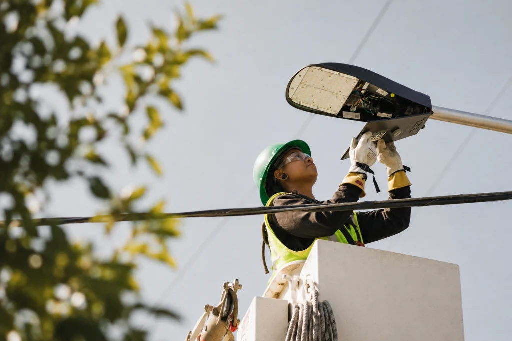 Women electrician replacing LED streetlamp bulb