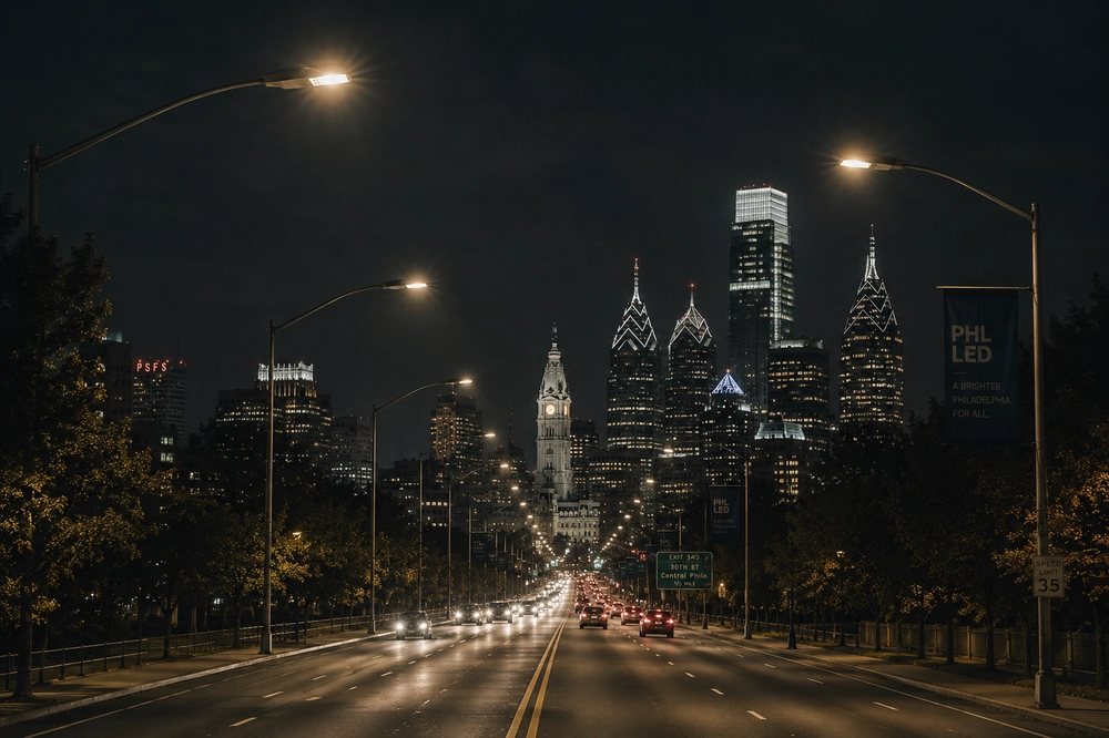 Busy Philadelphia street at night, lit with LEDs